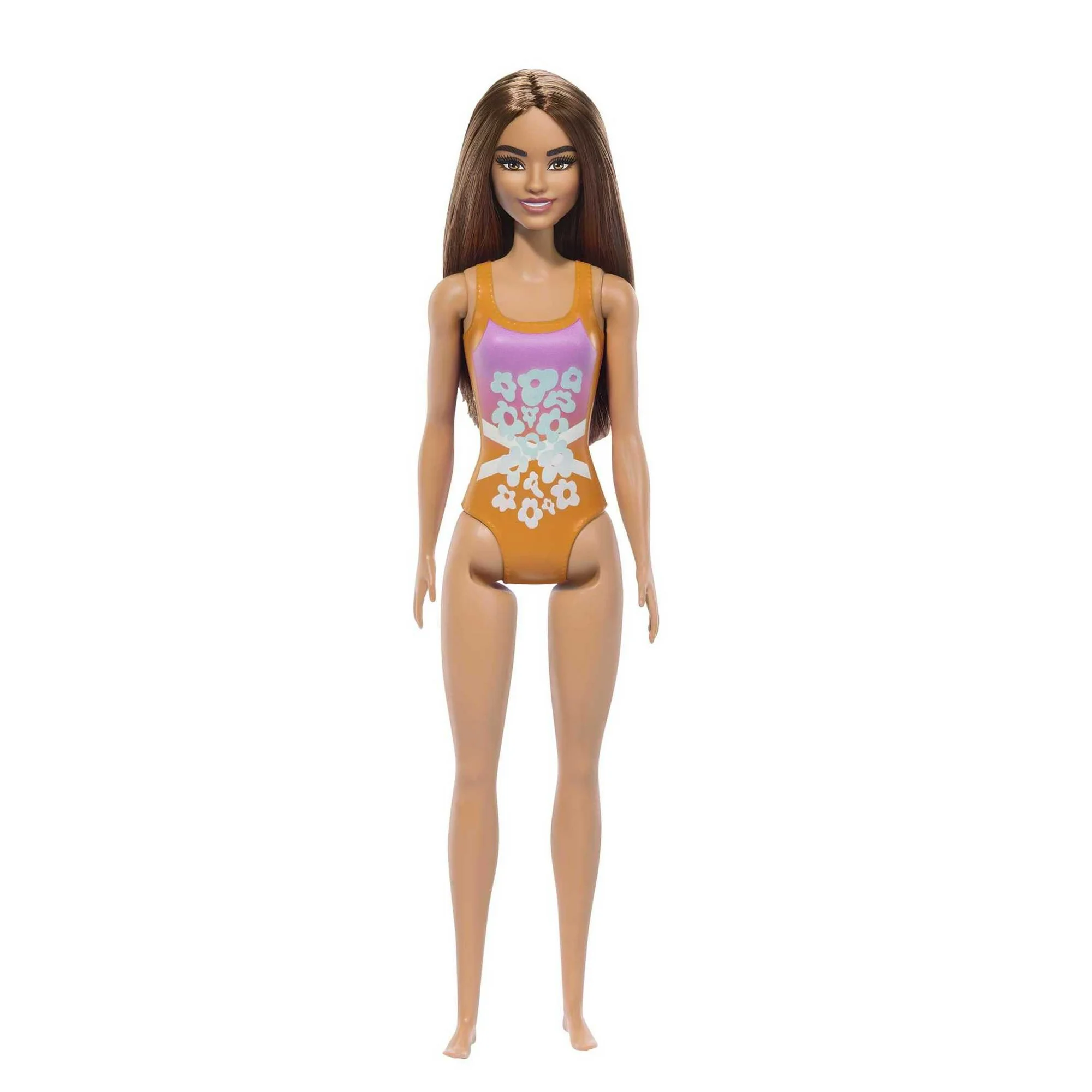 Beach Barbie Doll with Light Brown Hair Wearing Tropical Pink and Orange Swimsuit - Image 5