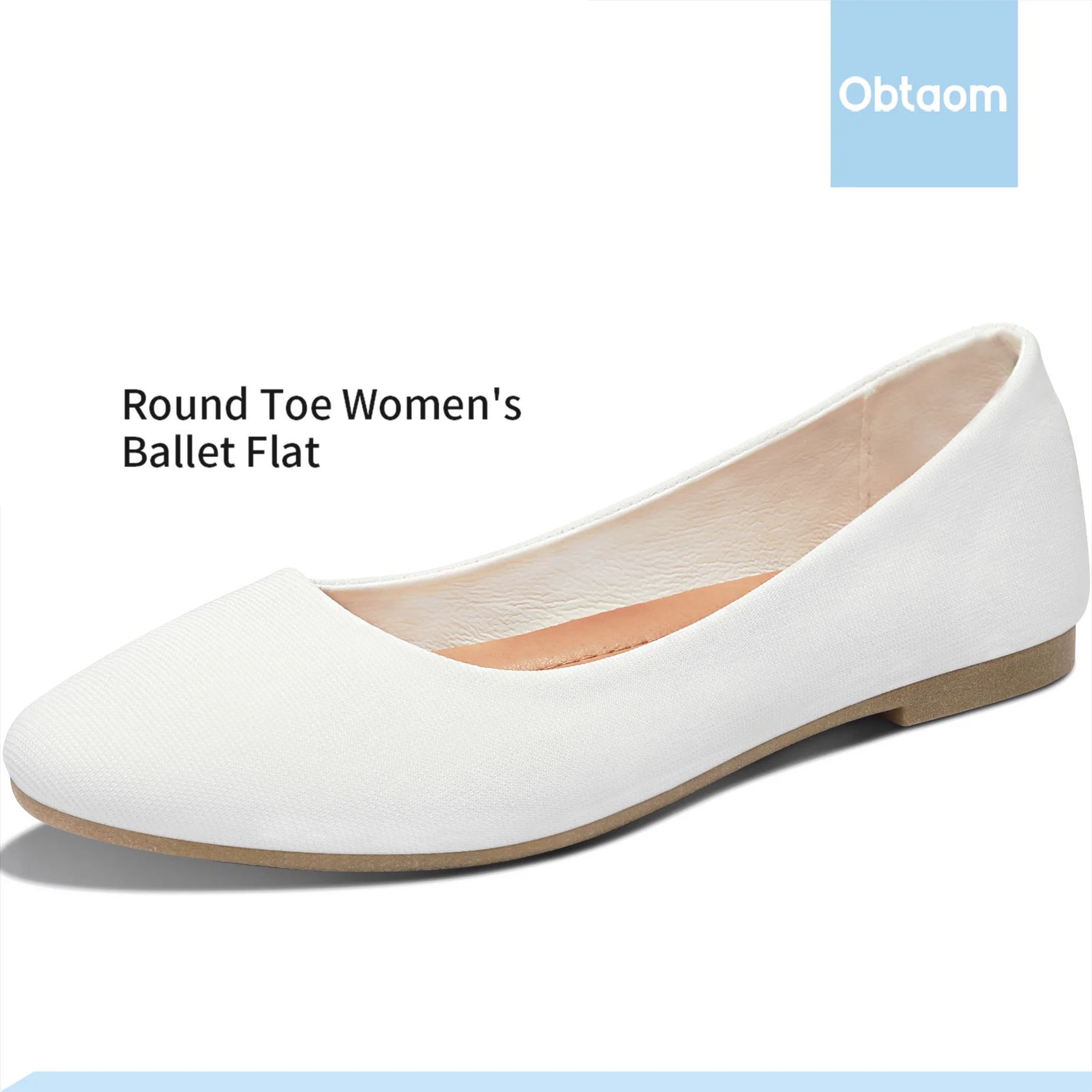 Obtaom Women's Round Toe Ballet Flats,Cute Textile Ballerina Flats,Comfortable Faux Leather Insole Low Heels Dress Shoes For Ladies (White,US9)