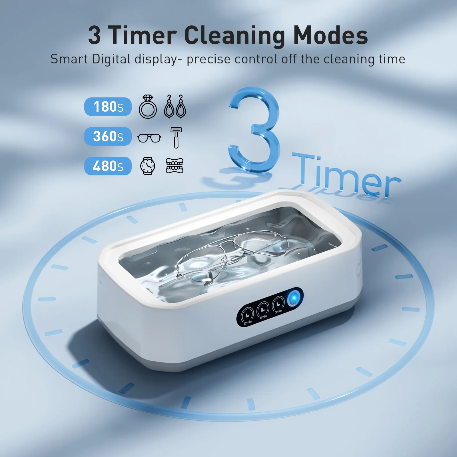 KOPEXY Ultrasonic Jewelry Cleaner, 50KHz Ultrasonic Cleaner Machine for Jewelry, Rings, Glasses, Watch Strap, 3 Cleaning Modes with Digital Timer, 22oz, 304 Stainless Steel Water Tank - Image 5