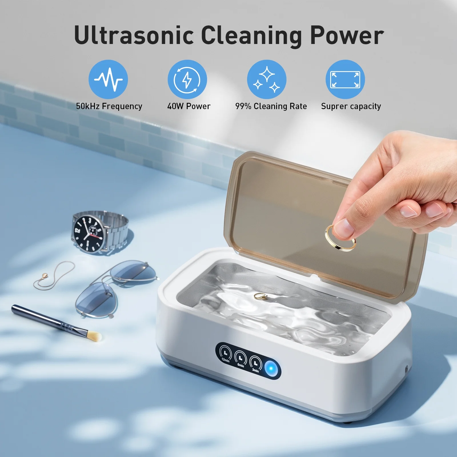 KOPEXY Ultrasonic Jewelry Cleaner, 50KHz Ultrasonic Cleaner Machine for Jewelry, Rings, Glasses, Watch Strap, 3 Cleaning Modes with Digital Timer, 22oz, 304 Stainless Steel Water Tank - Image 6
