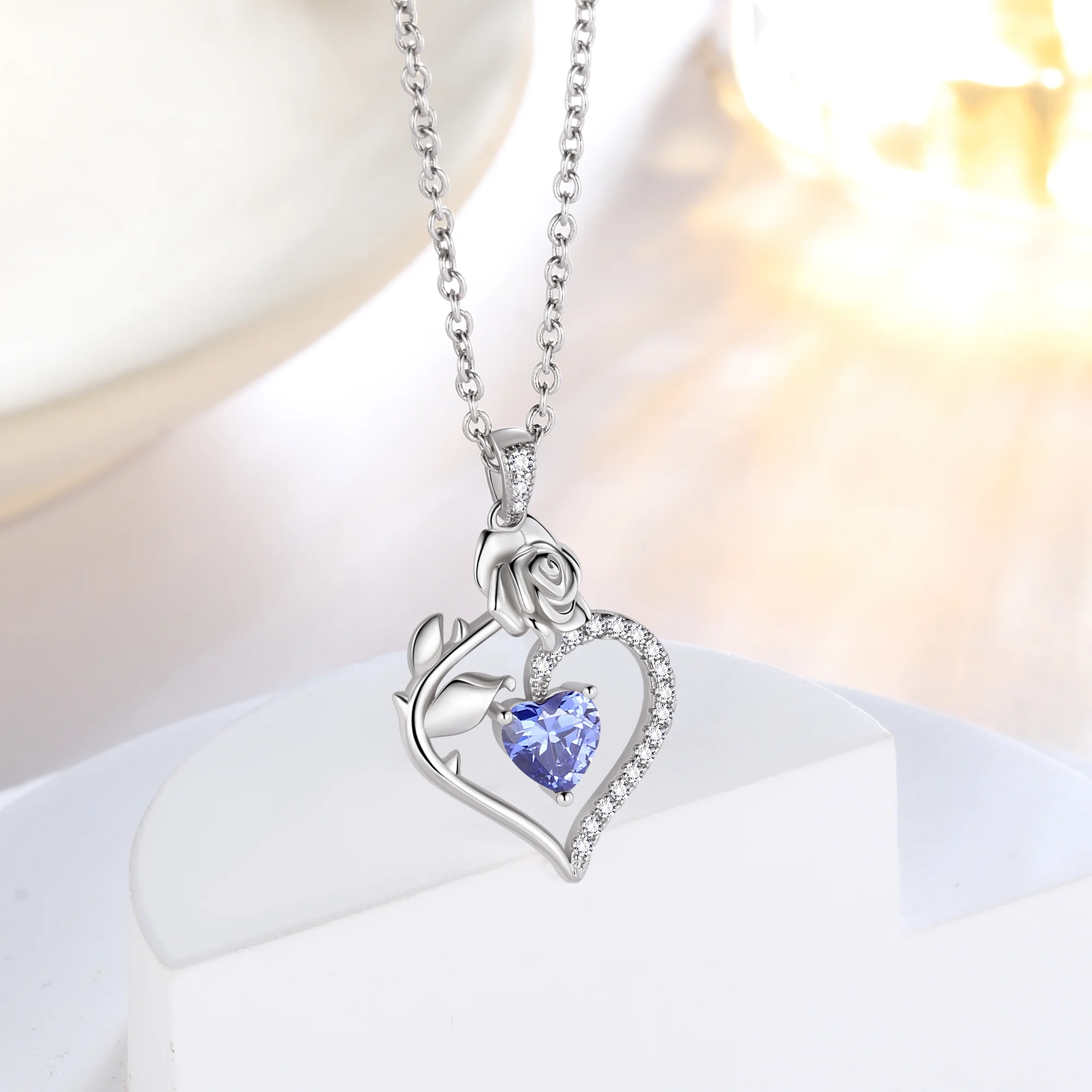 Beautlace 925 Sterling Silver Birthstone Necklace Rose Flower Heart Pendant Jewelry Christmas - Image 11