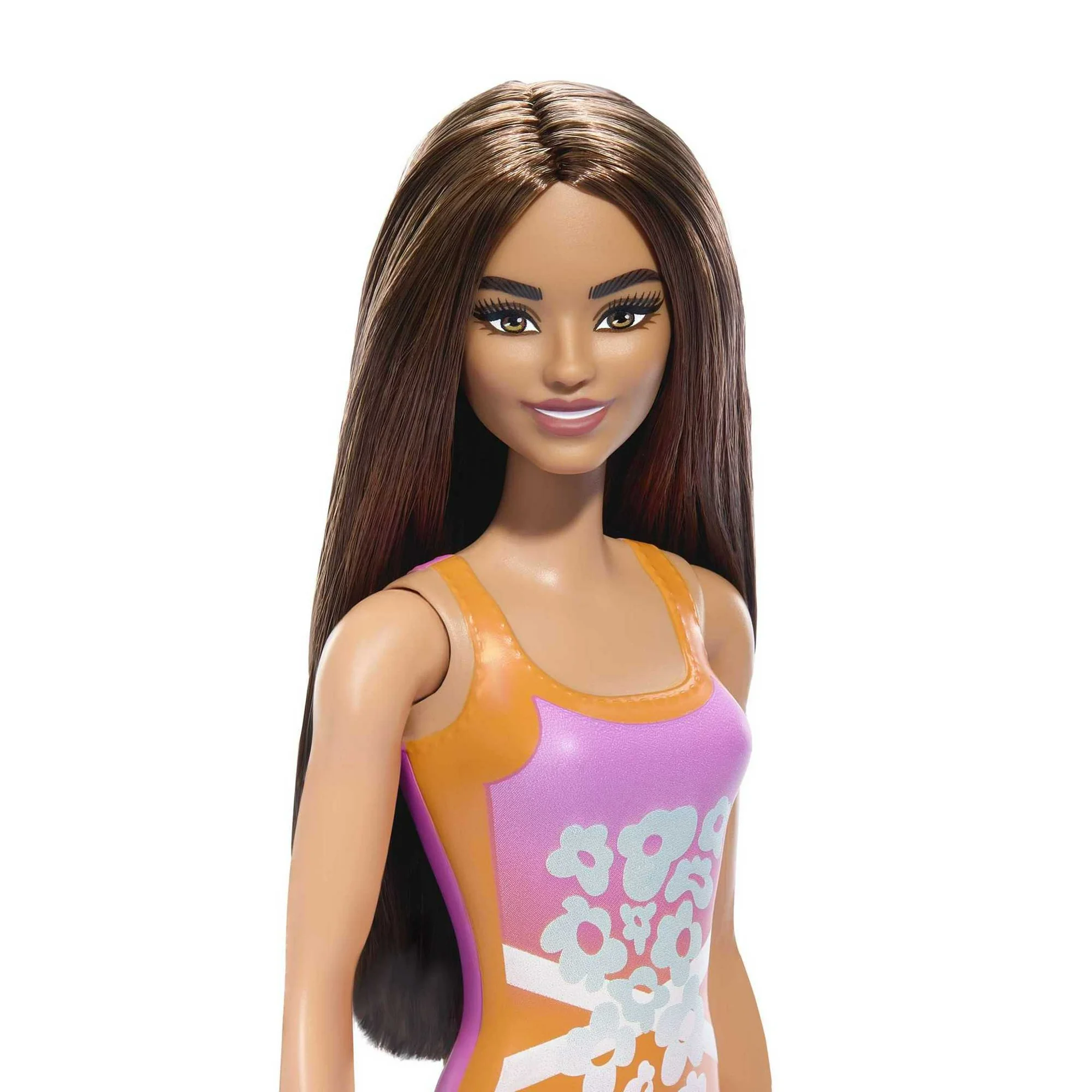 Beach Barbie Doll with Light Brown Hair Wearing Tropical Pink and Orange Swimsuit - Image 3