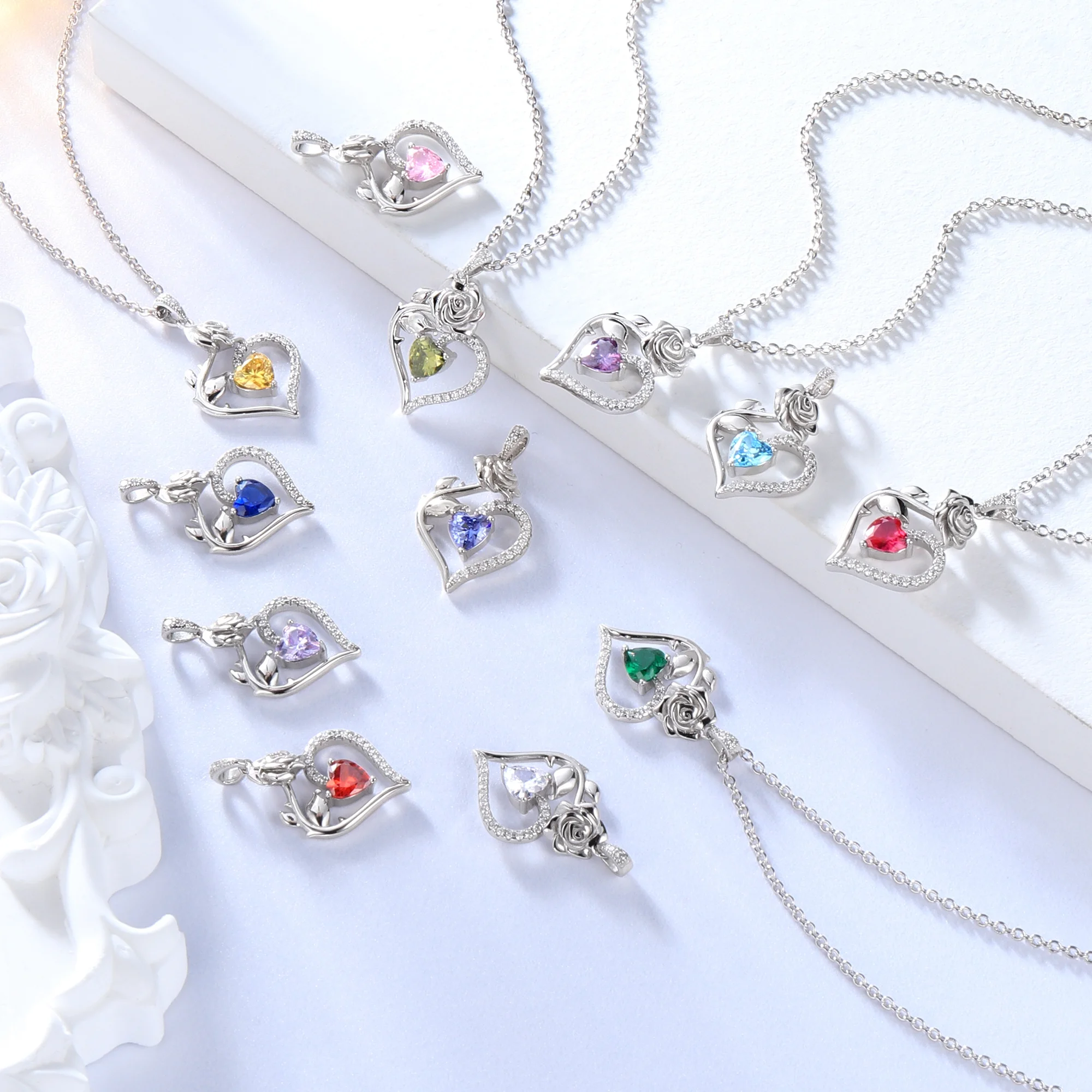 Beautlace 925 Sterling Silver Birthstone Necklace Rose Flower Heart Pendant Jewelry Christmas - Image 13
