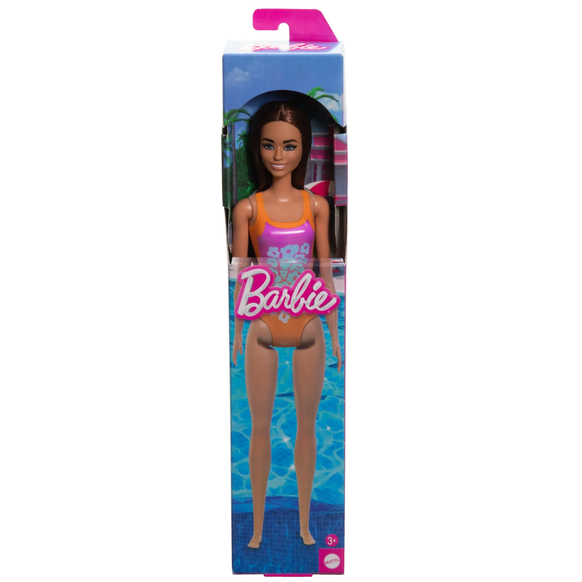 Beach Barbie Doll with Light Brown Hair Wearing Tropical Pink and Orange Swimsuit - Image 6