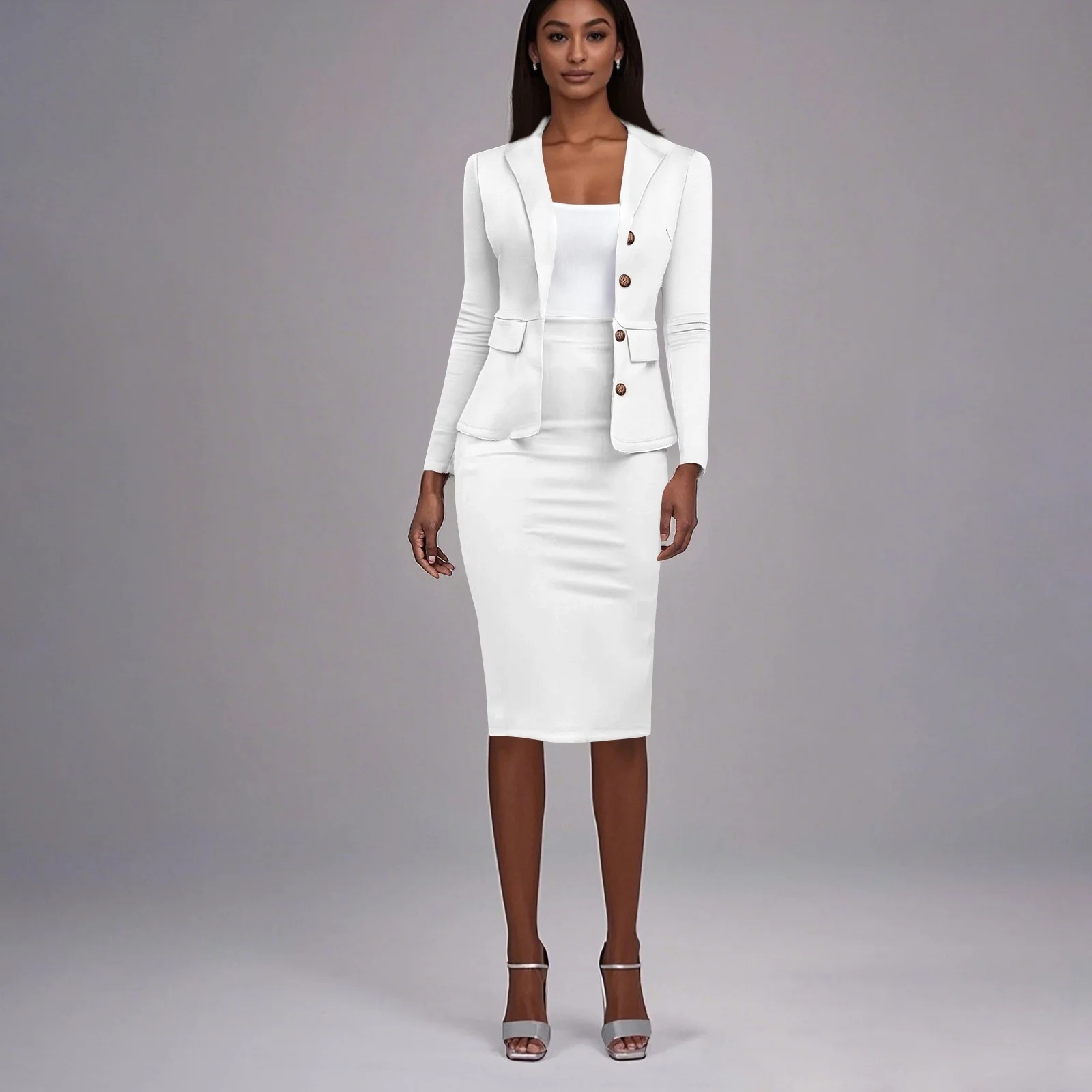Prdecexlu Women's 2 Piece Suit Skirt Set Business Office Formal Dress Suit Peplum Blazer Jacket Midi Pencil Skirt Suits White 2XL - Image 3
