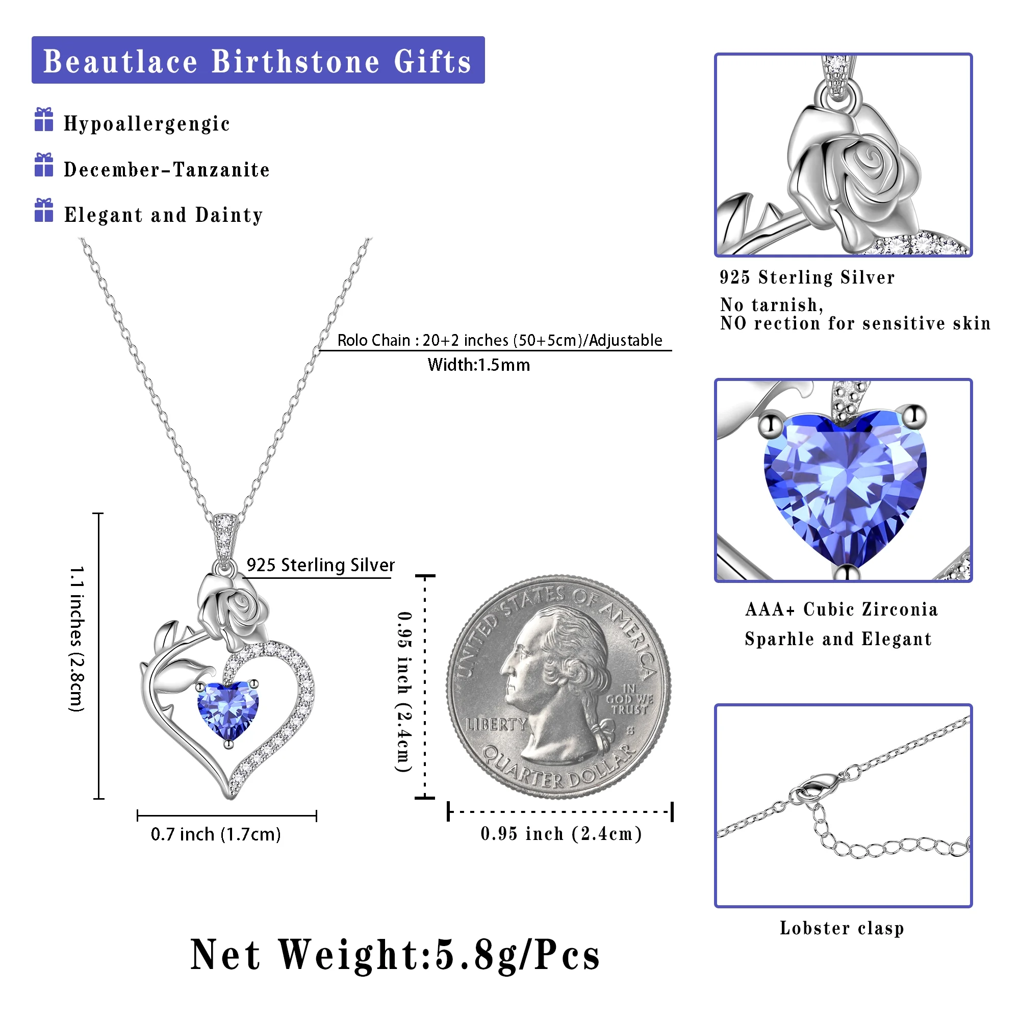 Beautlace 925 Sterling Silver Birthstone Necklace Rose Flower Heart Pendant Jewelry Christmas - Image 7
