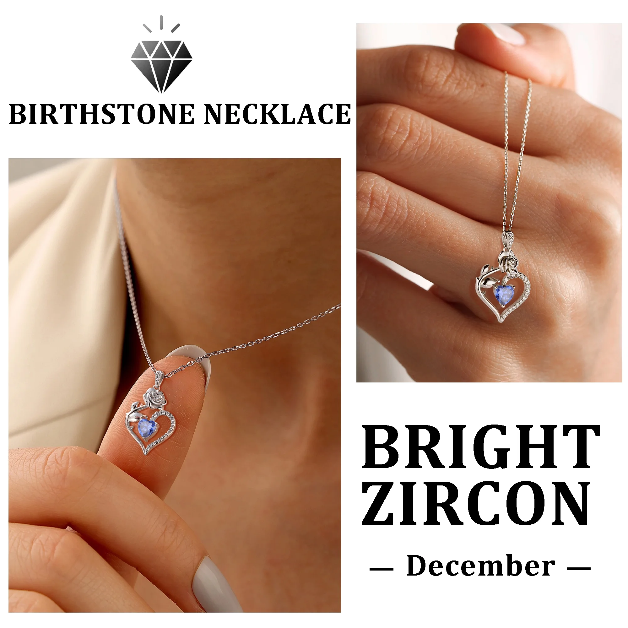 Beautlace 925 Sterling Silver Birthstone Necklace Rose Flower Heart Pendant Jewelry Christmas - Image 6