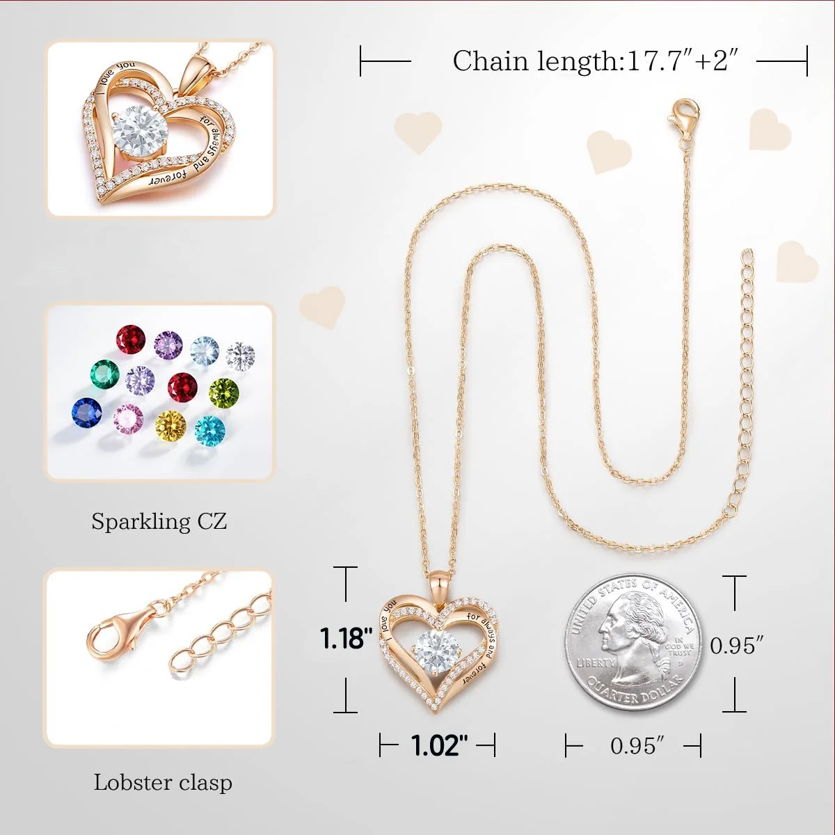 HESHPAWS Love Pendant Necklace with Zirconia Birthstone, Women's Jewelry Gift for Christmas, Birthday, Anniversary - Image 3