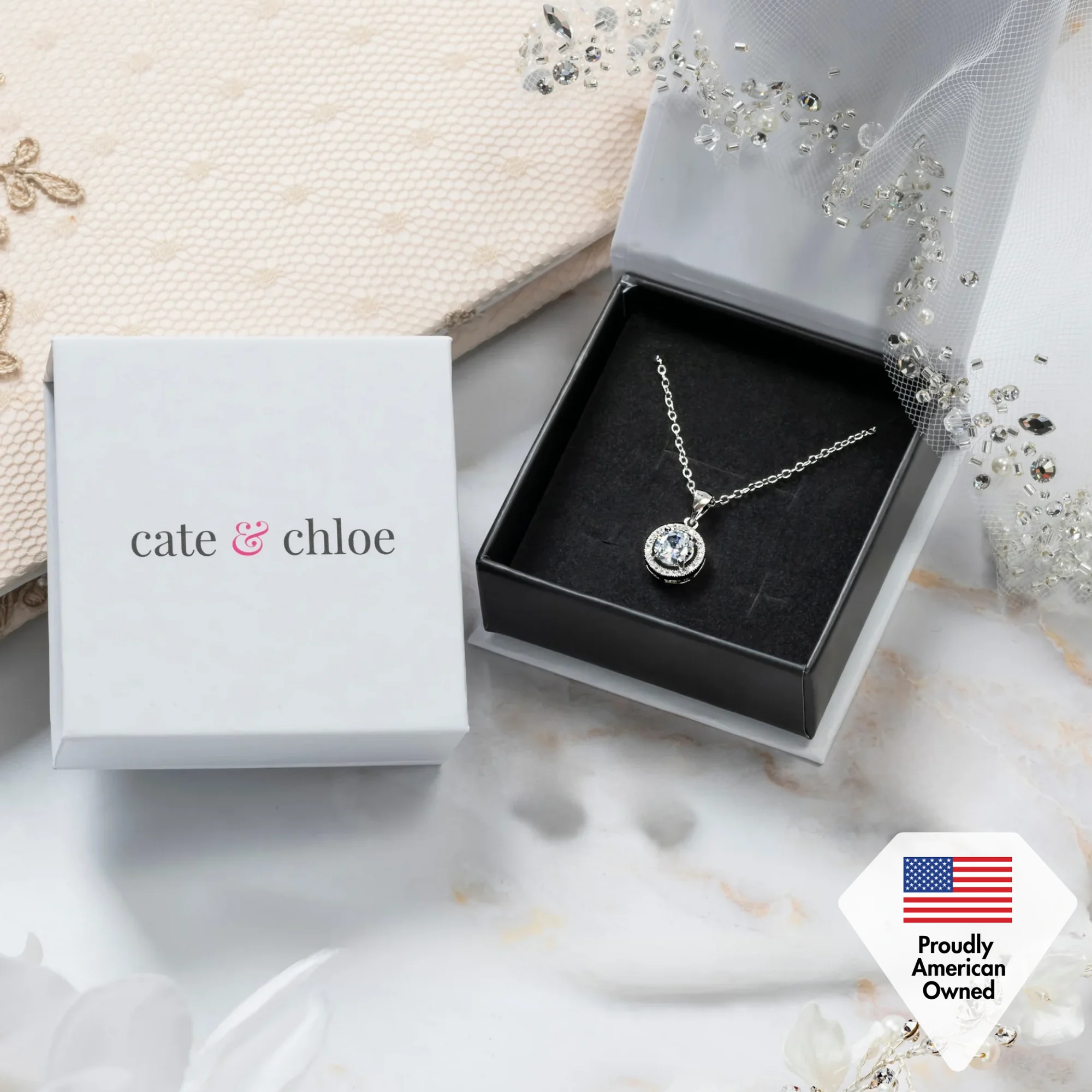 Cate & Chloe Blake 18k White Gold Plated Halo Necklace with Simulated Diamond Crystals for Women - Image 9