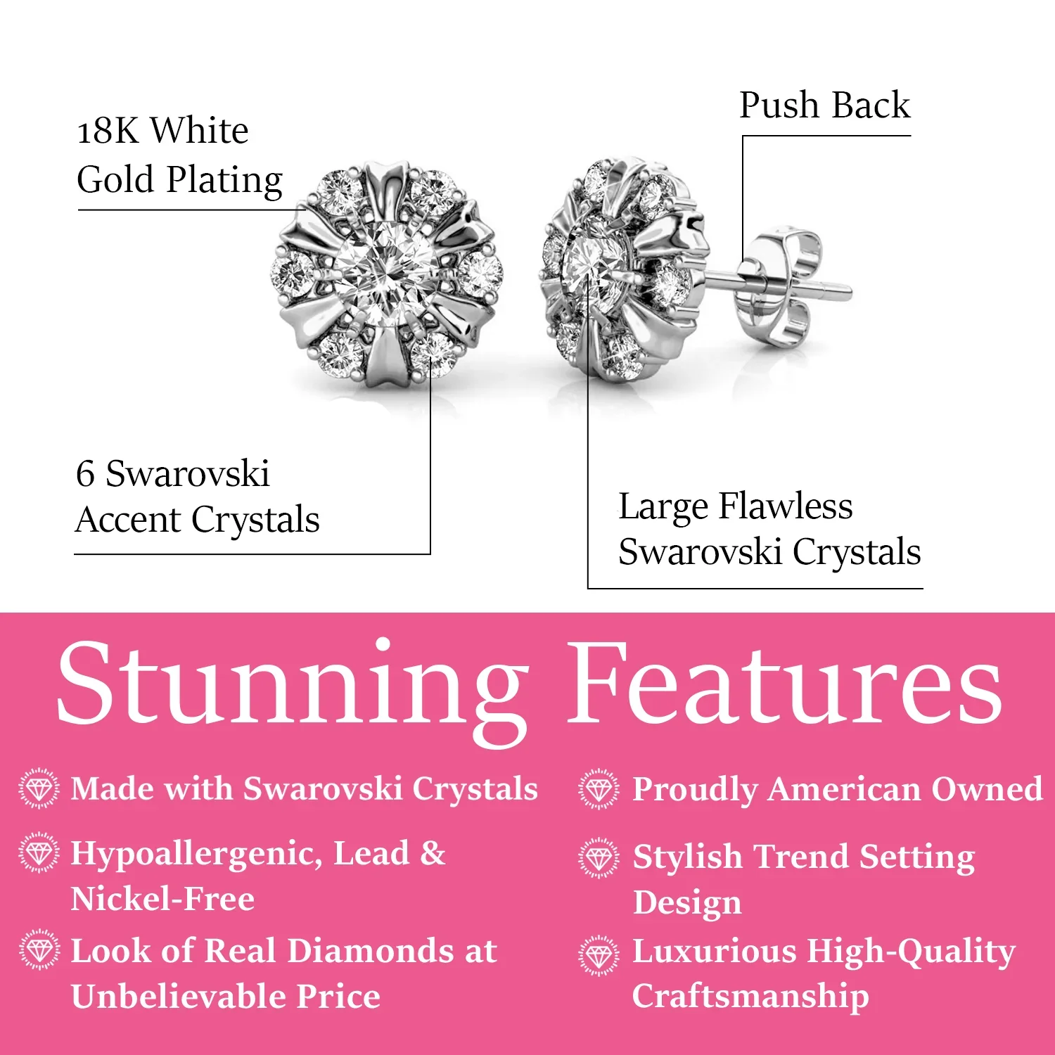 Cate & Chloe Millie 18k White Gold Plated Stud Earrings with Swarovski Crystals Gift for Women - Image 3
