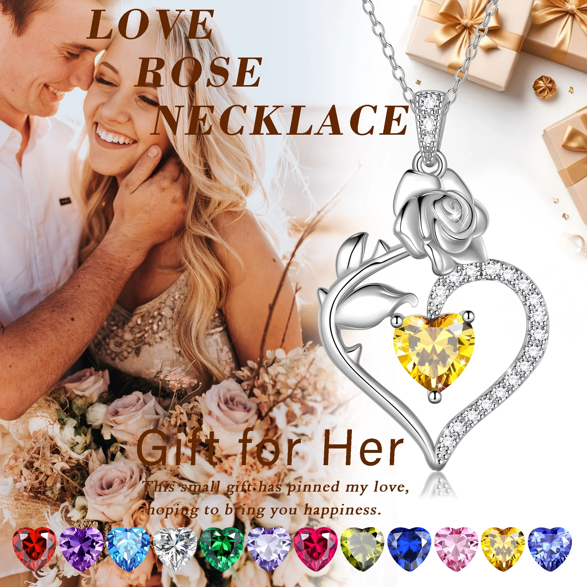 Beautlace 925 Sterling Silver Birthstone Necklace Rose Flower Heart Pendant Jewelry Christmas - Image 9